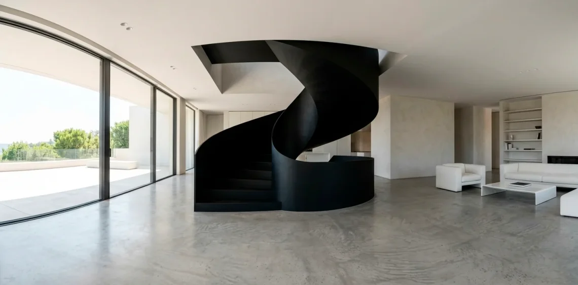 Wide view of a modern luxury home interior featuring a stunning monochromatic black architectural staircase.
