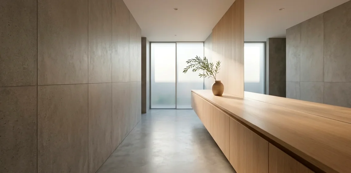 Wide horizontal view of a perfectly clean minimalist bathroom featuring seamless hidden storage cabinets.
