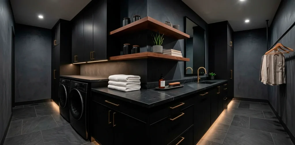 Modern moody laundry room featuring dark slate cabinets, brushed brass hardware, and luxury lighting.