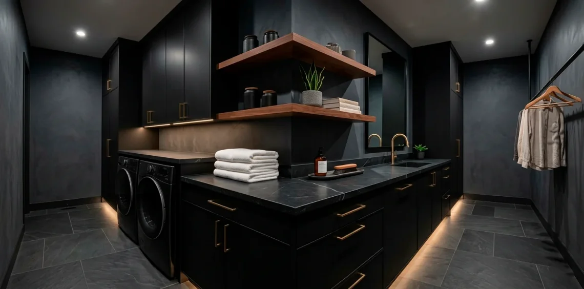 Modern moody laundry room featuring dark slate cabinets, brushed brass hardware, and luxury lighting.