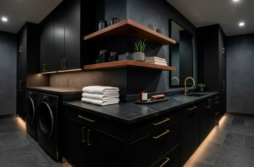 Modern moody laundry room featuring dark slate cabinets, brushed brass hardware, and luxury lighting.