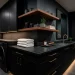 Modern moody laundry room featuring dark slate cabinets, brushed brass hardware, and luxury lighting.
