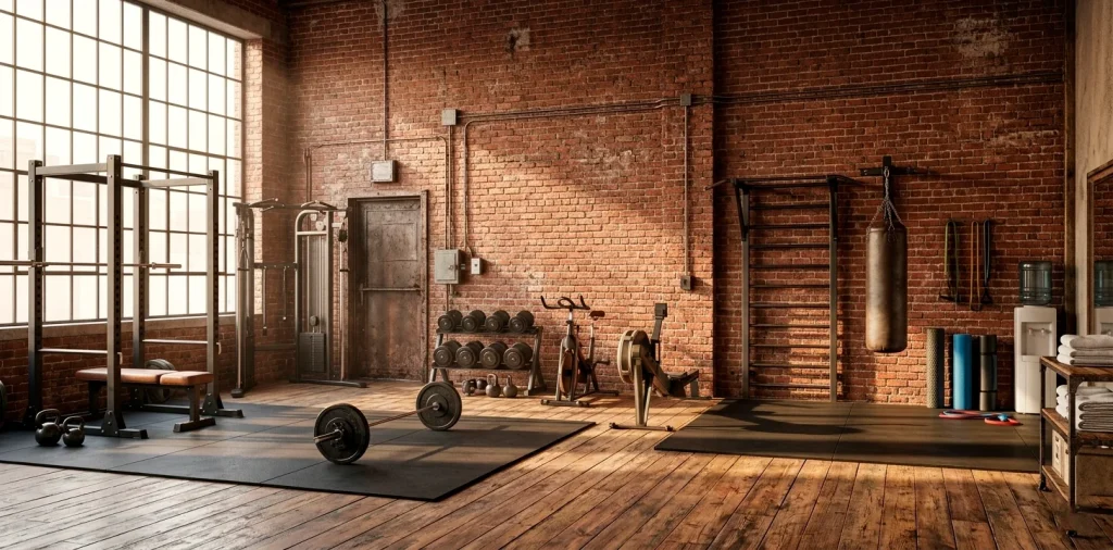 A stylish urban loft gym featuring an exposed red brick wall, black fitness equipment, and large factory windows.