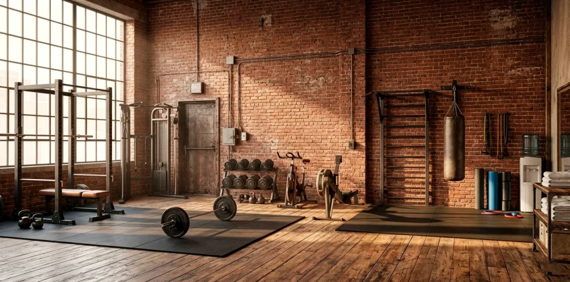 A stylish urban loft gym featuring an exposed red brick wall, black fitness equipment, and large factory windows.