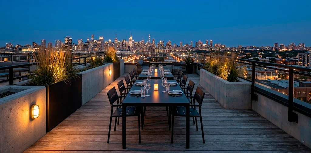 Wide industrial patio banner featuring a modern black metal dining set on a city rooftop at dusk.