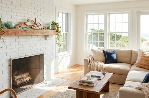 Beautiful modern living room fireplace mantle decorated for summer with sun-bleached driftwood and coastal greenery