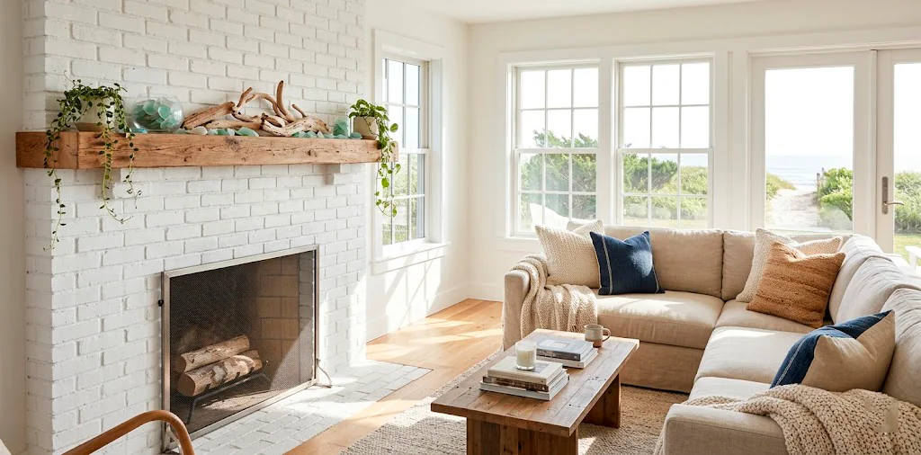 Beautiful modern living room fireplace mantle decorated for summer with sun-bleached driftwood and coastal greenery