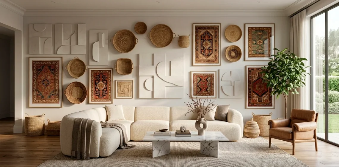 Wide horizontal view of a professional designer gallery wall with textured art and organic materials.