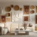 Wide horizontal view of a professional designer gallery wall with textured art and organic materials.
