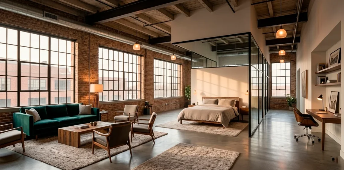 Wide horizontal view of a perfectly zoned urban loft studio apartment with high ceilings and industrial windows.