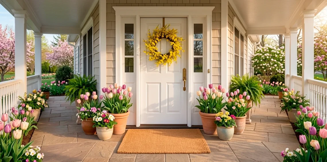 Bright spring front porch featuring a vibrant yellow forsythia wreath on a white front door with potted tulips.