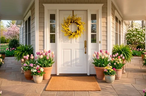 Bright spring front porch featuring a vibrant yellow forsythia wreath on a white front door with potted tulips.