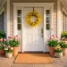 Bright spring front porch featuring a vibrant yellow forsythia wreath on a white front door with potted tulips.