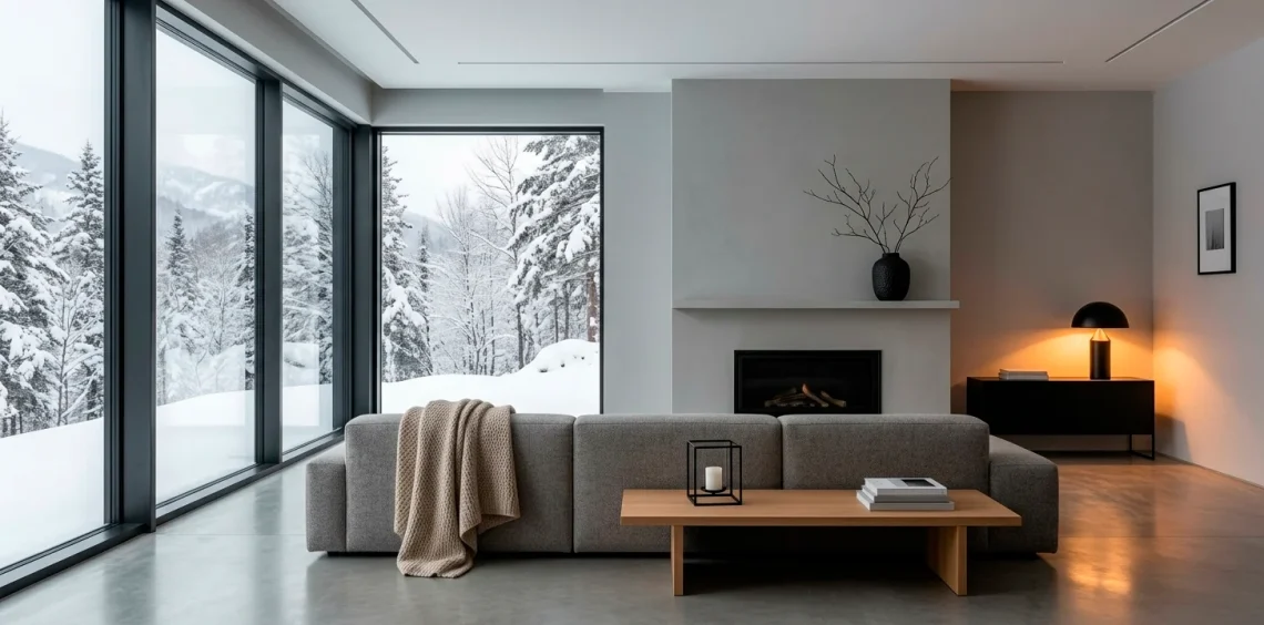 Modern minimalist living room styled for winter with matte black decor pieces and warm ambient lighting