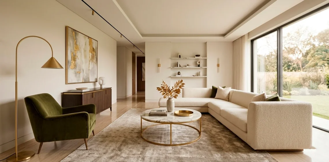 Sophisticated living room featuring gold coffee table, metallic floor lamp, and glamorous interior decor accents.
