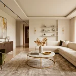 Sophisticated living room featuring gold coffee table, metallic floor lamp, and glamorous interior decor accents.