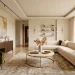Sophisticated living room featuring gold coffee table, metallic floor lamp, and glamorous interior decor accents.