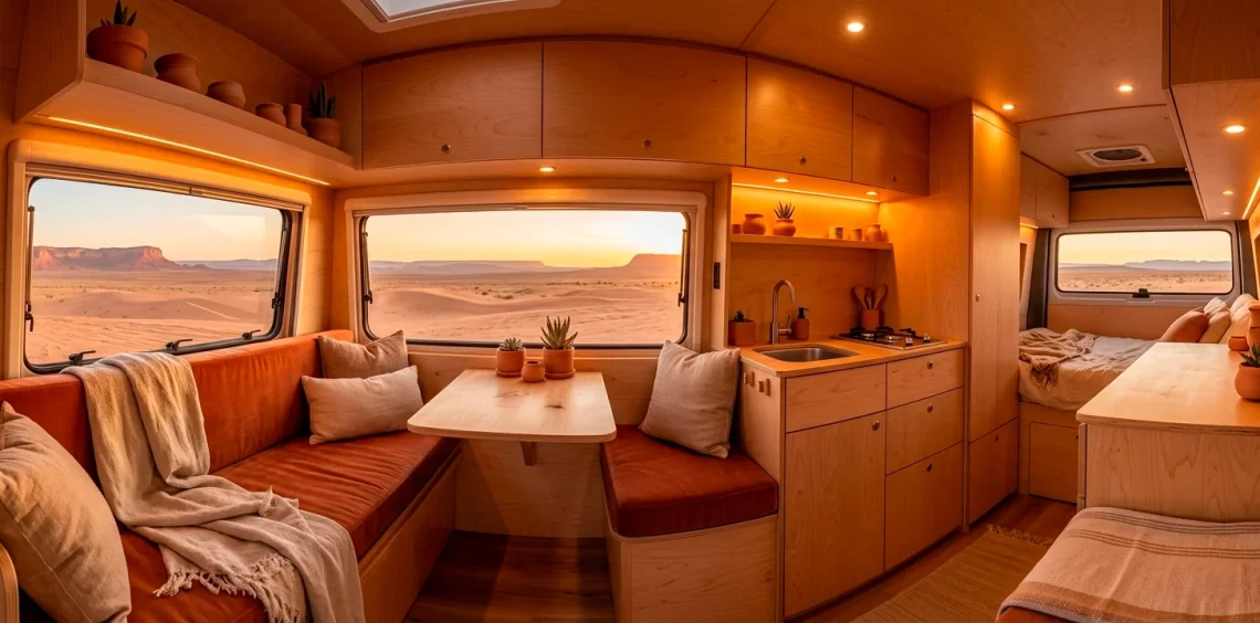 Cozy van life interior with terracotta velvet cushions and warm wood accents at sunset.