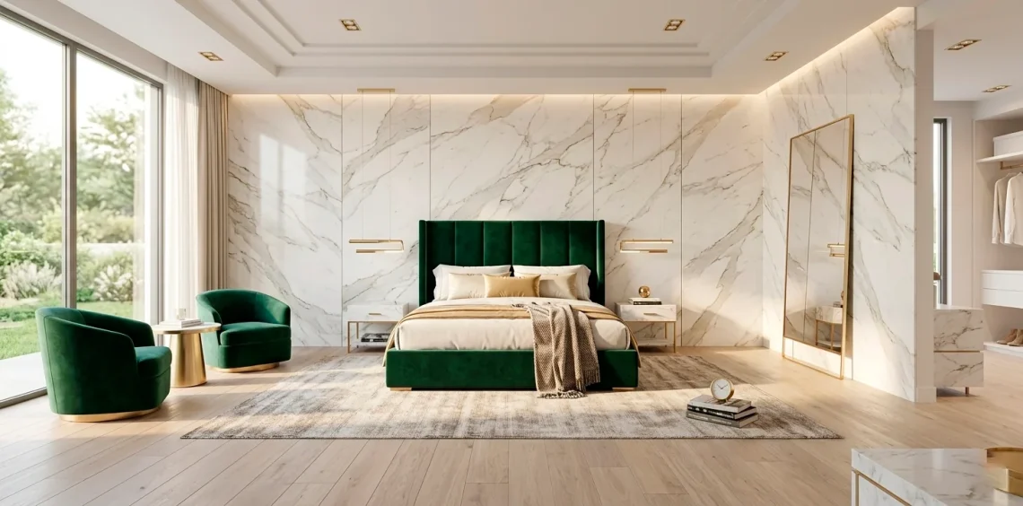 Wide luxury bedroom with marble walls, gold trim, and emerald velvet bed in a single seamless scene.