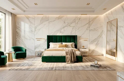 Wide luxury bedroom with marble walls, gold trim, and emerald velvet bed in a single seamless scene.