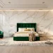 Wide luxury bedroom with marble walls, gold trim, and emerald velvet bed in a single seamless scene.