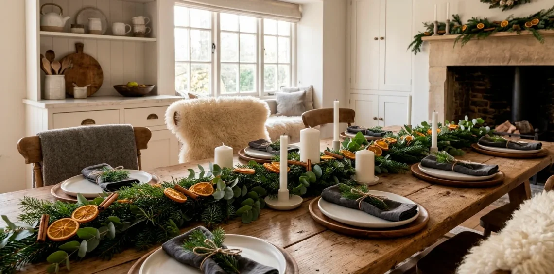 A cozy Scandinavian Christmas brunch table setting with an evergreen runner, white candles, and rustic wooden chargers.