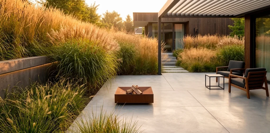 Beautiful modern backyard patio surrounded by tall ornamental grasses glowing in warm sunlight.