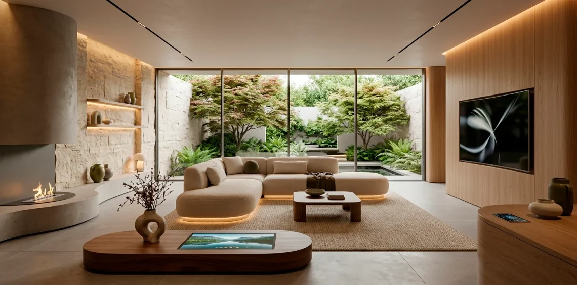 A modern 2026 living room featuring organic textures, curved furniture, and warm lighting.