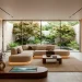 A modern 2026 living room featuring organic textures, curved furniture, and warm lighting.