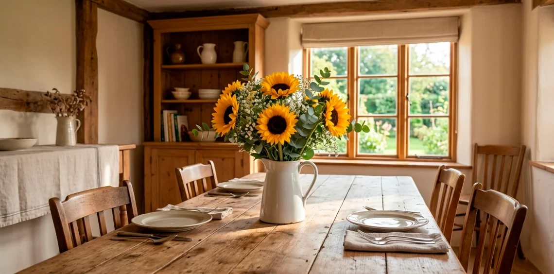 Wide horizontal farmhouse dining room featuring a large rustic sunflower centerpiece arrangement on a wooden table.