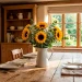 Wide horizontal farmhouse dining room featuring a large rustic sunflower centerpiece arrangement on a wooden table.