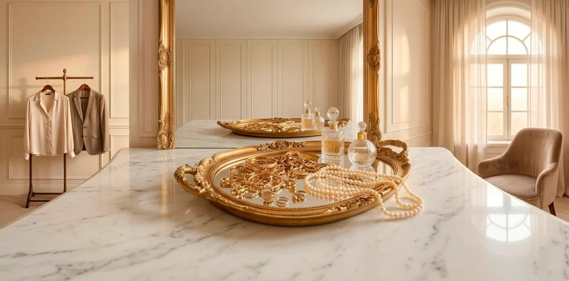 Wide landscape shot of an elegant marble vanity featuring a large vintage mirror tray with jewelry and sunlight.