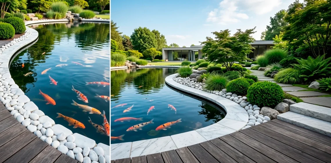Wide view of a modern backyard fish pond featuring crisp white marble stone borders and orange koi fish