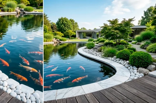 Wide view of a modern backyard fish pond featuring crisp white marble stone borders and orange koi fish