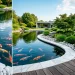 Wide view of a modern backyard fish pond featuring crisp white marble stone borders and orange koi fish