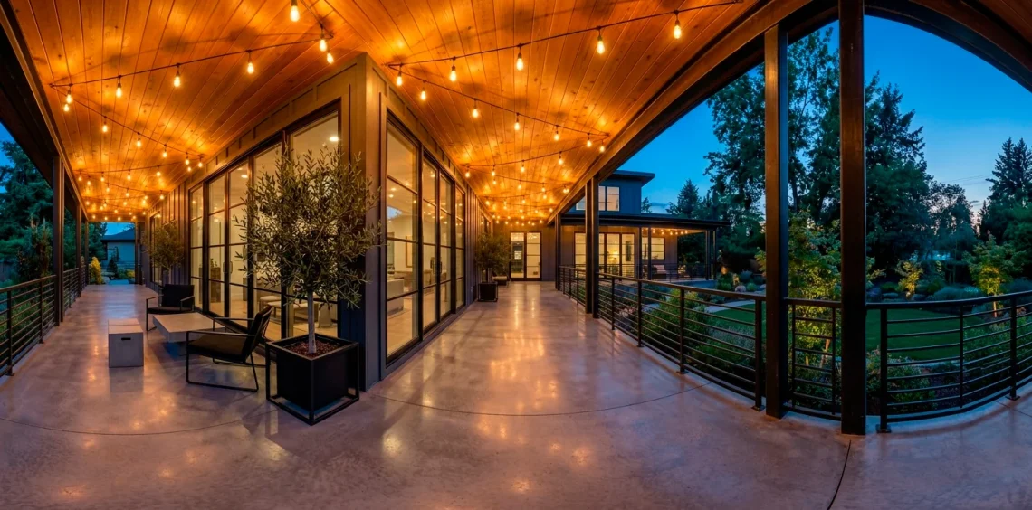 Modern industrial wrap-around porch featuring a smooth concrete floor, black steel railings, and warm cedar ceiling.