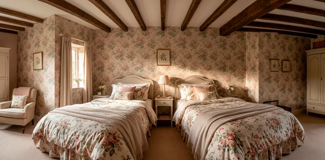 Cozy English cottage guest room featuring two twin beds with layered floral patterns and vintage wallpaper