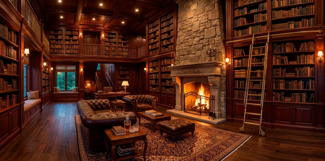 Luxurious dark mahogany home library featuring a roaring fireplace, brass rolling ladder, and tufted leather armchairs.