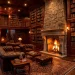 Luxurious dark mahogany home library featuring a roaring fireplace, brass rolling ladder, and tufted leather armchairs.