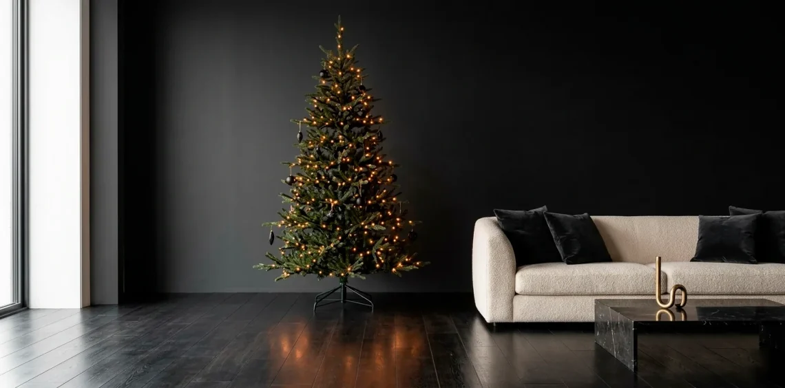 Luxury high-fashion holiday living room with minimalist tree and moody charcoal aesthetic.