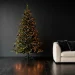 Luxury high-fashion holiday living room with minimalist tree and moody charcoal aesthetic.