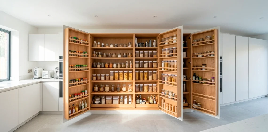 Organized custom fold-out small pantry system with wooden shelves and glass jars in a bright kitchen.
