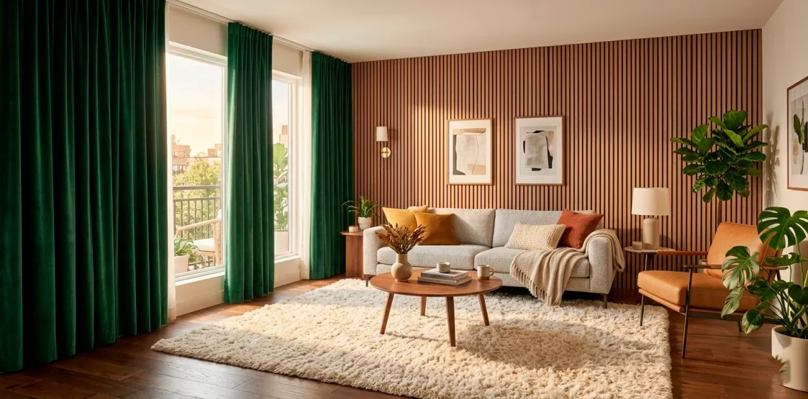 Cozy modern apartment interior with soundproof velvet curtains and thick rugs