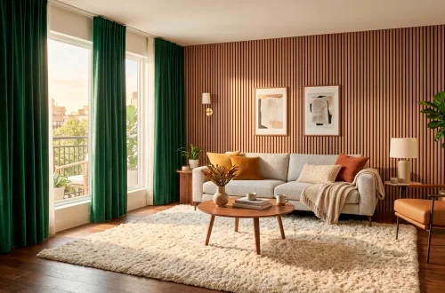 Cozy modern apartment interior with soundproof velvet curtains and thick rugs
