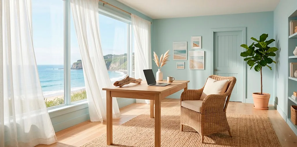 Bright and airy coastal home office with natural light, seaglass blue walls, and a white desk.