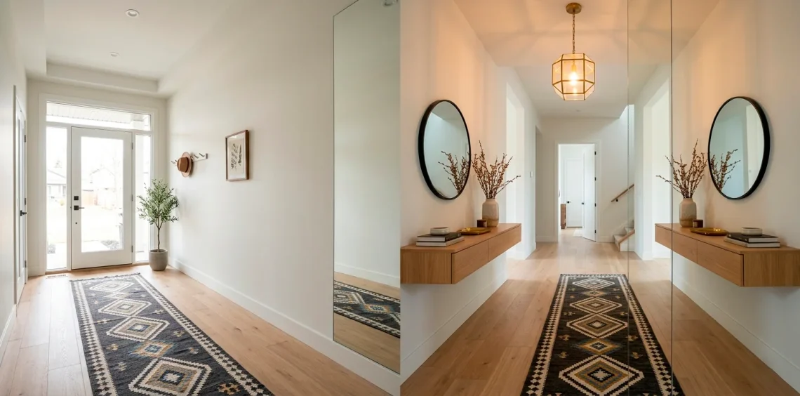 Modern narrow entryway with a large mirrored wall visually doubling the space and reflecting warm light.