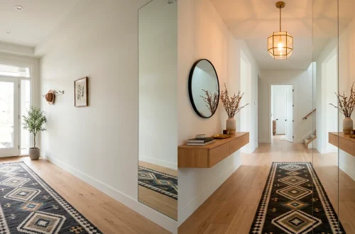 Modern narrow entryway with a large mirrored wall visually doubling the space and reflecting warm light.