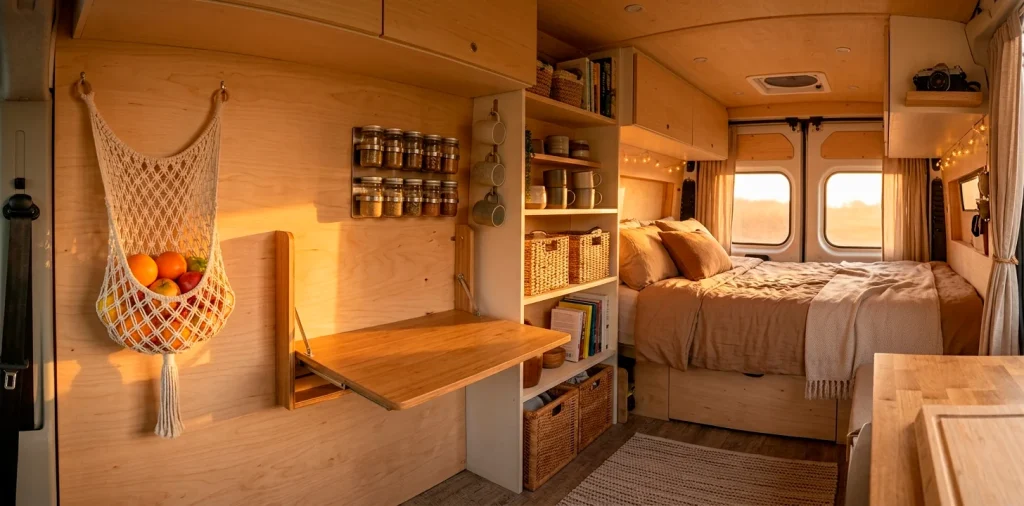 Beautifully organized camper van interior demonstrating clever vertical storage hacks and space-saving decor solutions.