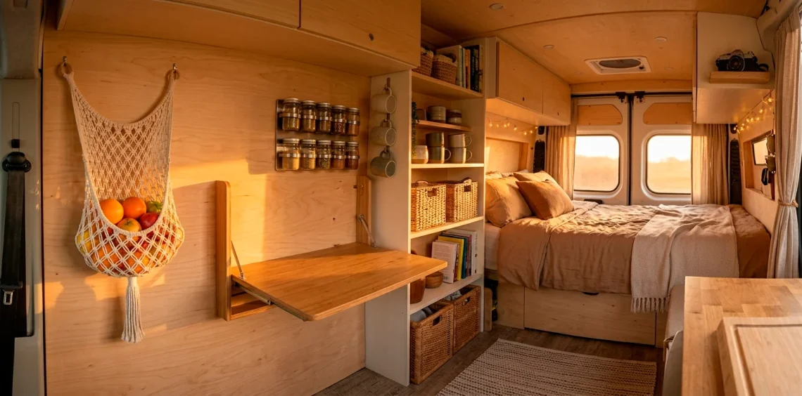 Beautifully organized camper van interior demonstrating clever vertical storage hacks and space-saving decor solutions.