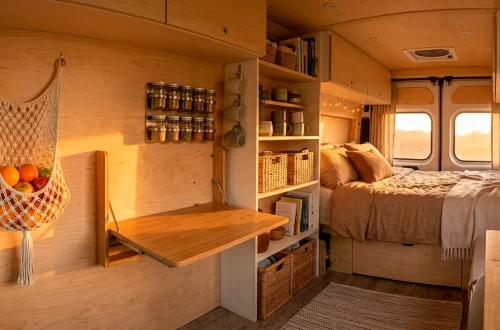 Beautifully organized camper van interior demonstrating clever vertical storage hacks and space-saving decor solutions.